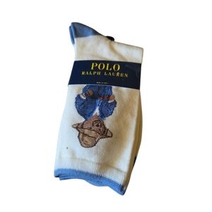 Polo by Ralph Lauren Women's Cream and Blue Thin Socks With Polo Bear NWT Preppy